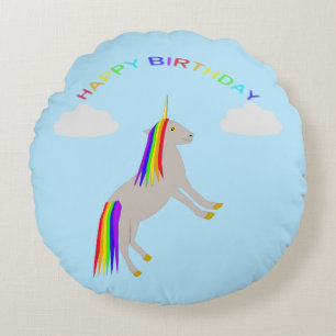 Fantasy Birthday Unicorn Rainbow and Clouds Anpass Rund Kudde