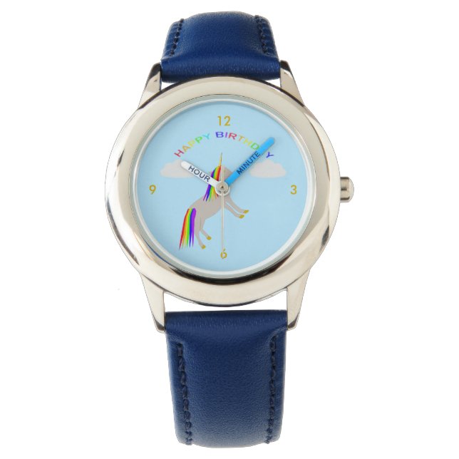 Fantasy Birthday Unicorn Rainbow and Clouds Armbandsur (Framsida)