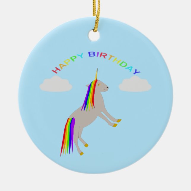 Fantasy Birthday Unicorn Rainbow and Clouds Julgransprydnad Keramik (Framsidan)