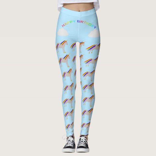 Fantasy Birthday Unicorn Rainbow and Clouds Leggings (Framsida)