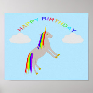 Fantasy Birthday Unicorn Rainbow and Clouds Poster