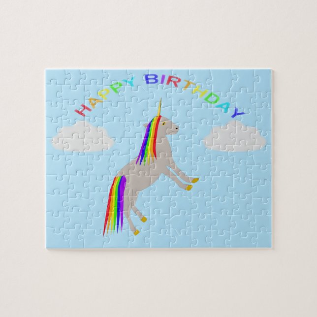 Fantasy Birthday Unicorn Rainbow and Clouds Pussel (Horisontell)