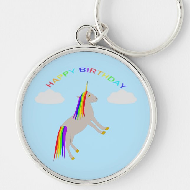 Fantasy Birthday Unicorn Rainbow and Clouds Rund Silverfärgad Nyckelring (Framsidan)
