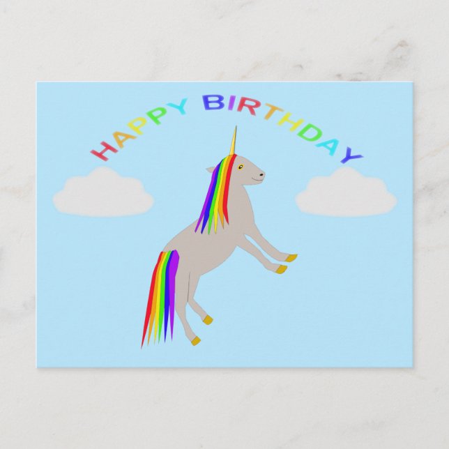Fantasy Birthday Unicorn Rainbow and Clouds Vykort (Framsida)