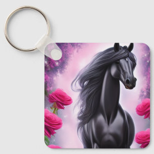 Fantasy Black Stallion and Rosa Blommigt Graphic Nyckelring