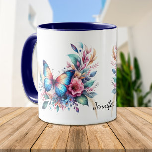 Fantasy Blommigt Butterfly, vacker blå Orange Mugg