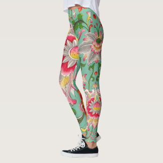 Fantasy Blommigt Oriental Chinoiserie på Grönt Leggings
