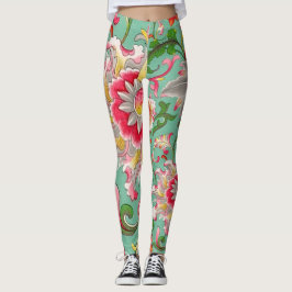 Fantasy Blommigt Oriental Chinoiserie på Grönt Leggings