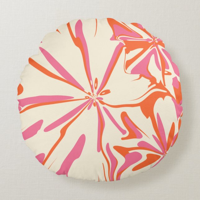 Fantasy Blommigt - Rosa, Orange och Cream Rund Kudde (Framsidan)