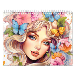 Fantasy Blommigt Women Colorful Hairstyle Kalender
