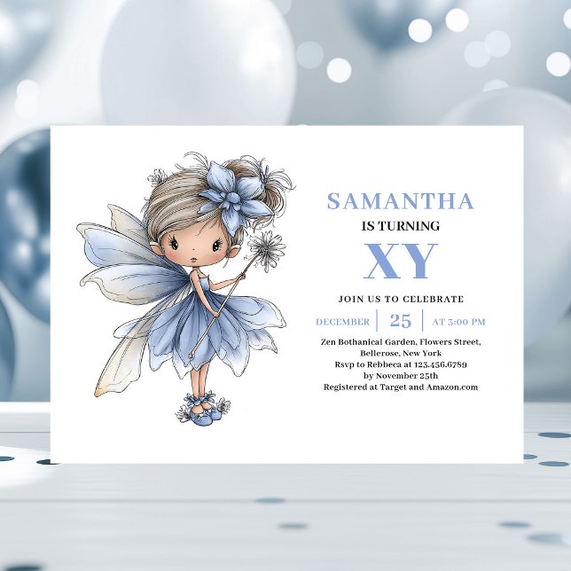 Fantasy Blue Fairy Girl 2-års födelsedagsinbjudan  Inbjudningar (Fantasy Blue Fairy Girl 2nd Birthday Pastel invitation)