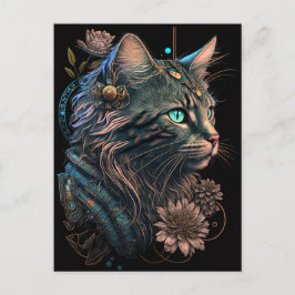 Fantasy blue öga cat with blommor AI art Vykort