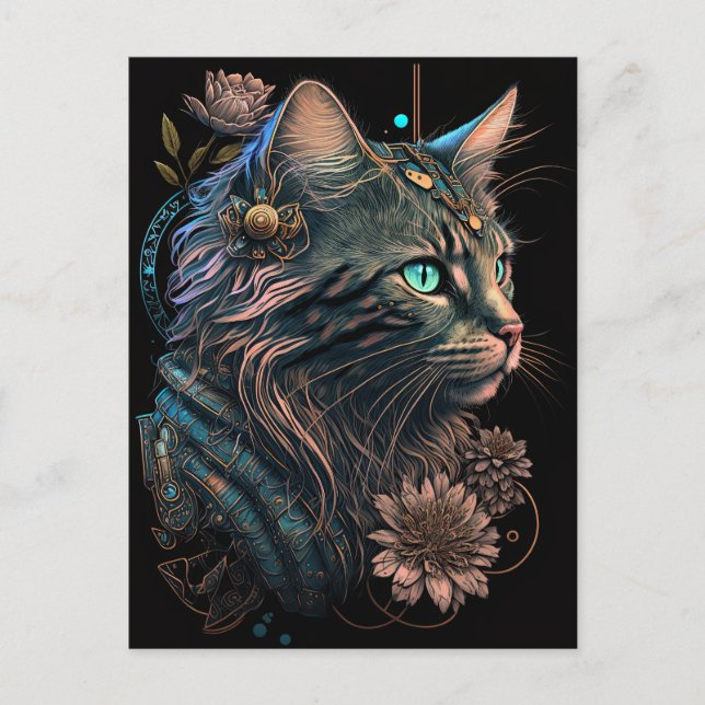 Fantasy blue öga cat with blommor AI art Vykort (Framsida)