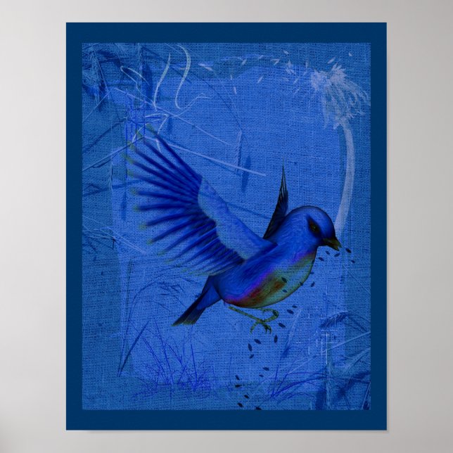 Fantasy Bluebird on Blue Nature Art Poster (Framsidan)