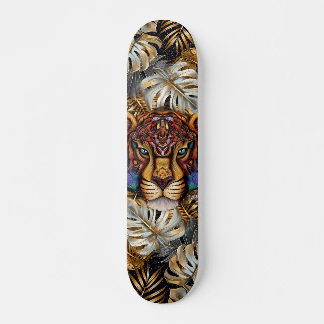 Fantasy Boho Jungle Tiger Head Mixed Media  Mini Skateboard Bräda 18,5 Cm (Framsida)