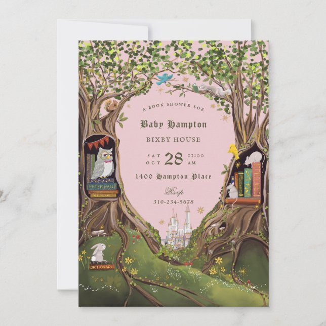 Fantasy Bokar for Baby Shower Rosa Grönt Inbjudningar (Framsida)