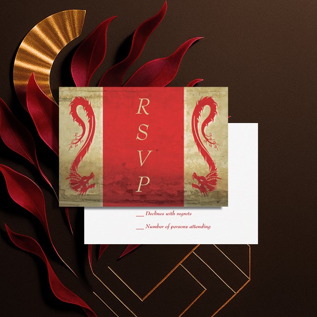 Fantasy Bröllop Red och Guld Asian Dragon OSA Kort (Fantasy Wedding Red and Gold Asian Dragon RSVP Card)