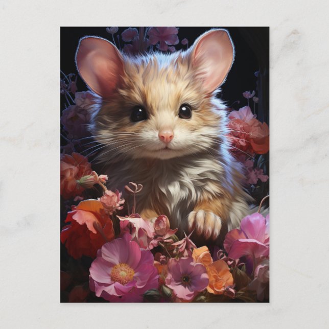 Fantasy Brown Fluffy Mouse in Flowers Vykort (Framsida)
