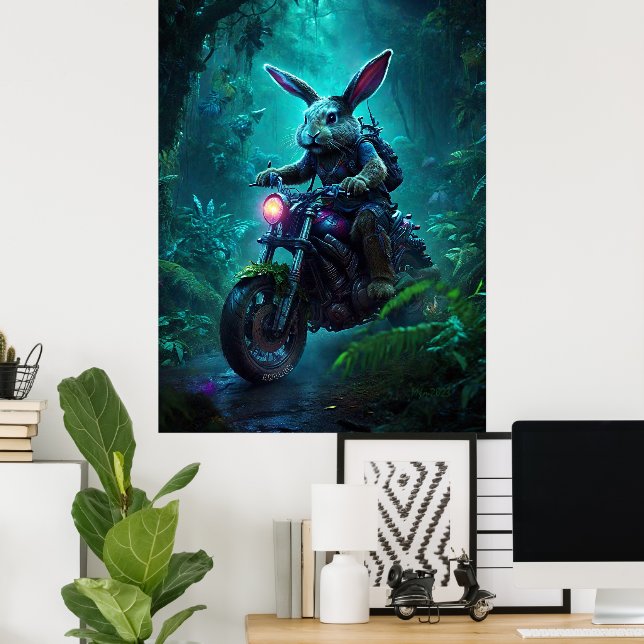Fantasy Bunny Rabbit in Motorcycle Poster (Hemmakontoret)