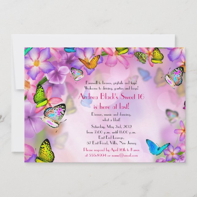 Fantasy Butterflies Flowers Sweet 16-inbjudan Inbjudningar (Framsida)