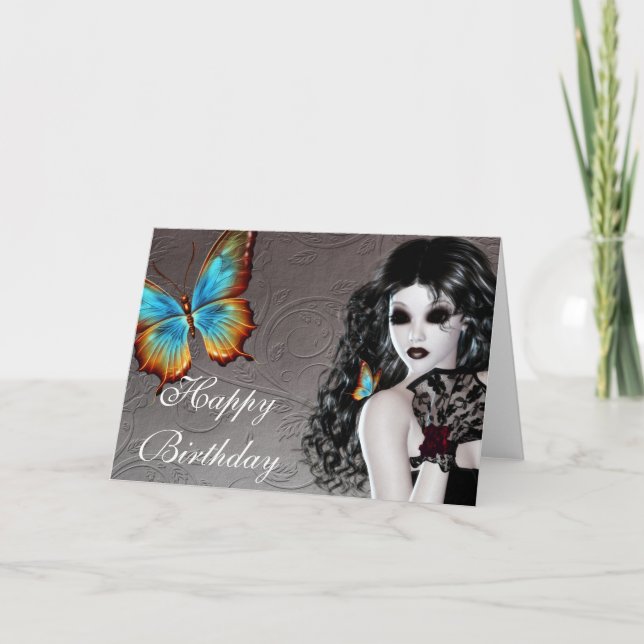 Fantasy Butterfly Goth Woman Birthday Card Kort (Framsida)