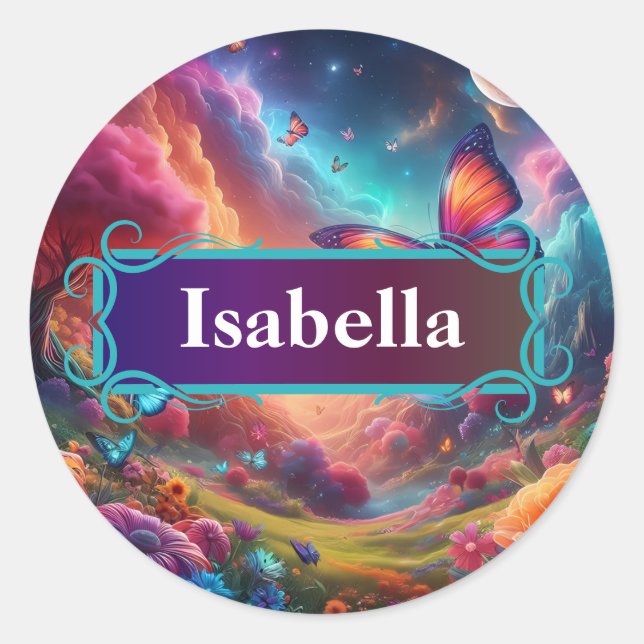 Fantasy Butterfly Label-etikett Runt Klistermärke (Framsida)