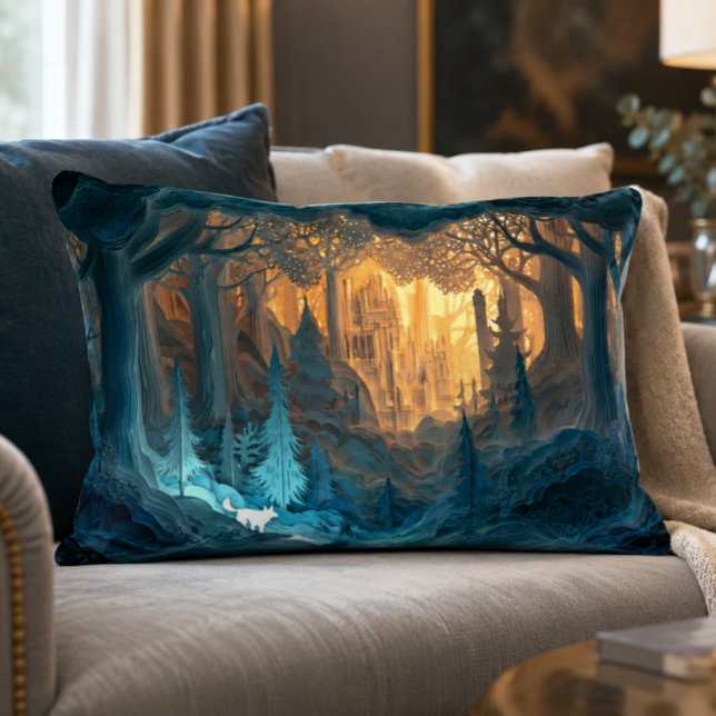 Fantasy Castle 16x12 accentkudde Prydnadskudde (Step into a glowing hidden kingdom where towering paper-cut forests open to a magical castle beyond )