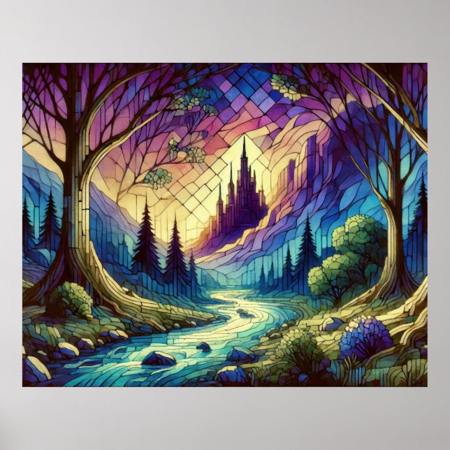 Fantasy Castle med Enchanted Forest and River Poster (Framsidan)