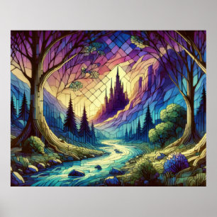 Fantasy Castle med förtrollad skog och flod Poster