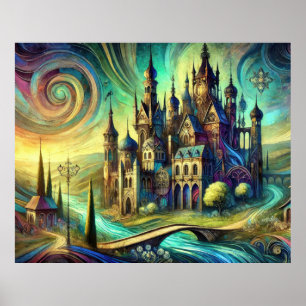 Fantasy Castle med virvlande himmel och flödande f Poster