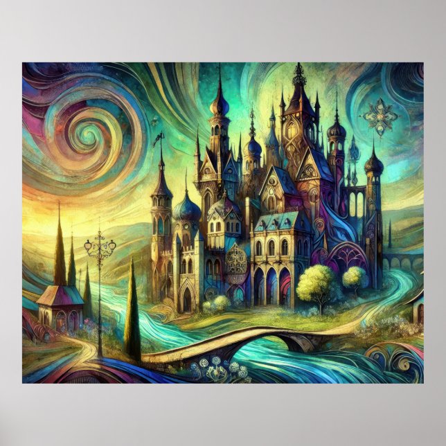 Fantasy Castle med virvlande himmel och flödande f Poster (Framsidan)