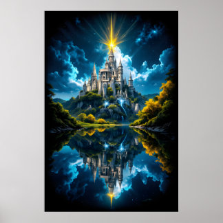 Fantasy Castle som reflekteras i sjö med magisk Poster