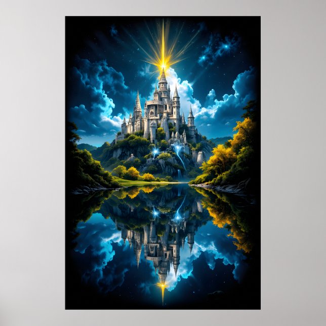 Fantasy Castle som reflekteras i sjö med magisk  Poster (Framsidan)