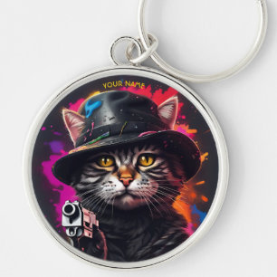 Fantasy Cat Gangster Gun Rund Silverfärgad Nyckelring
