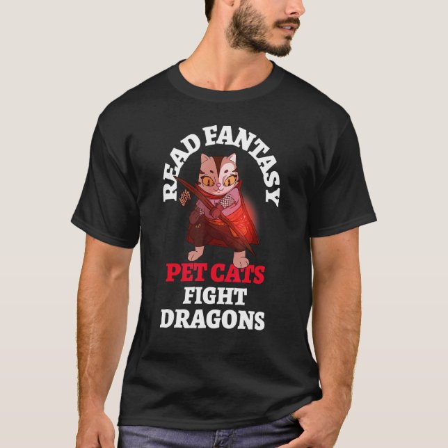 Fantasy Cats Fight Dragons Bookish Magic Fantasy R T Shirt (Framsida)
