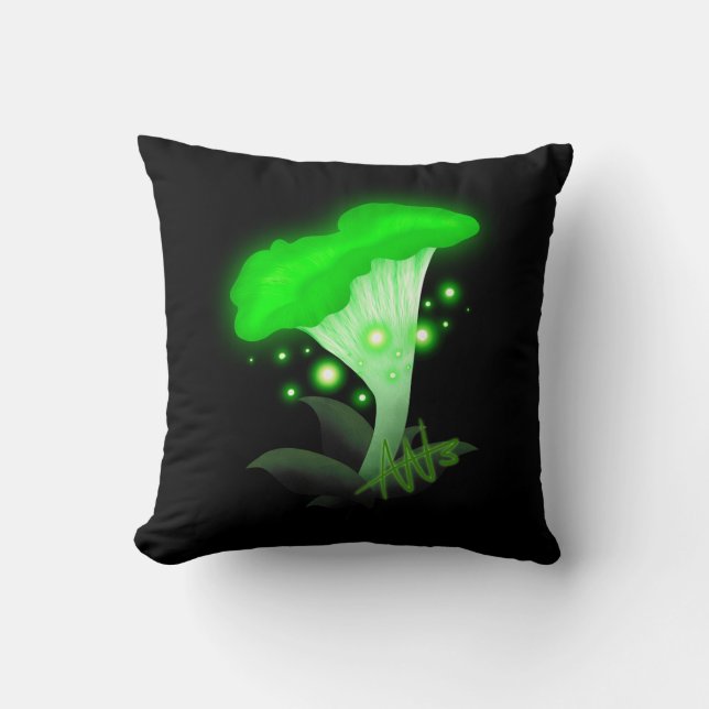 Fantasy Chanterelle Glowing Grönt Mushroom Kudde (Framsida)