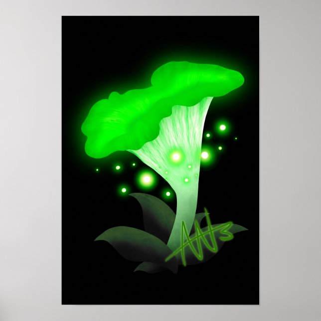 Fantasy Chanterelle Glowing Grönt Mushroom Poster (Framsidan)