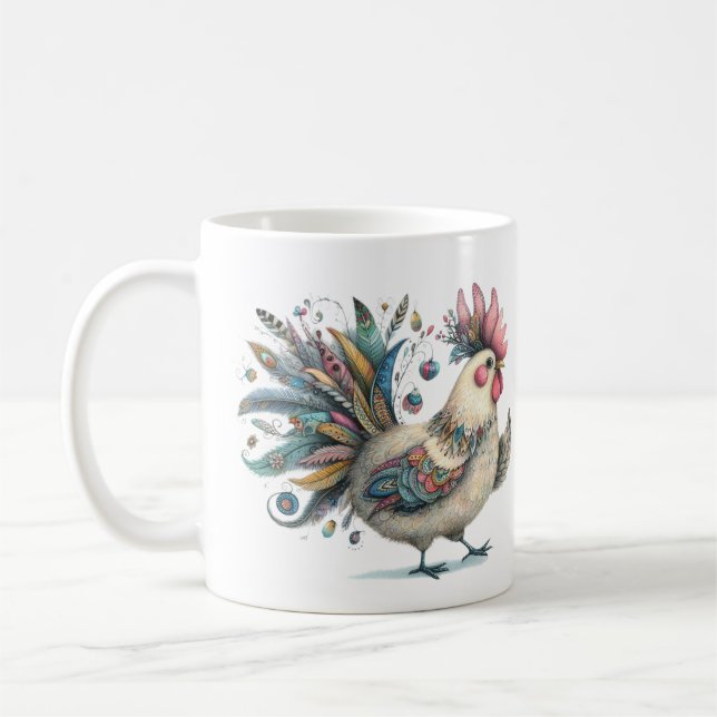 Fantasy Chicken eller Tupp Folk Art Illustration Kaffemugg (Vänster)