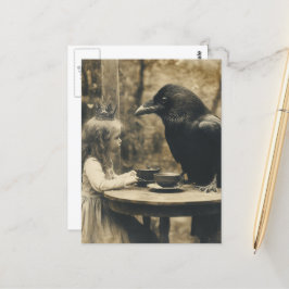 Fantasy Child and Raven Tea Party i Sepia Vykort