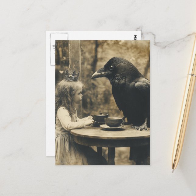 Fantasy Child and Raven Tea Party i Sepia Vykort (Fram/Back In Situ)