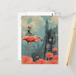 Fantasy Child Rides on a Rosa Flamingo Vykort