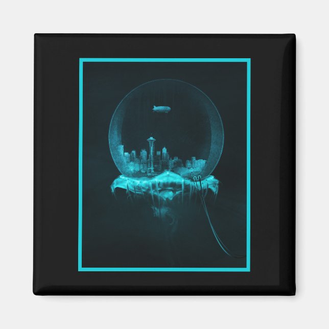 Fantasy City i Snowglobe med Blimp Magnet (Framsidan)