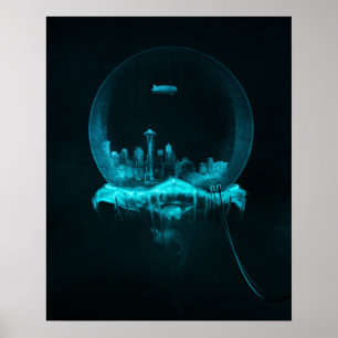 Fantasy City i Snowglobe med Blimp Poster