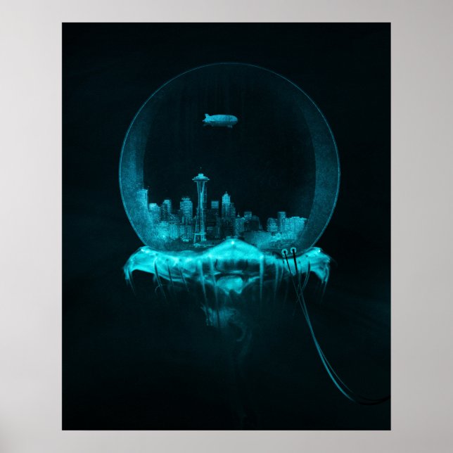 Fantasy City i Snowglobe med Blimp Poster (Framsidan)
