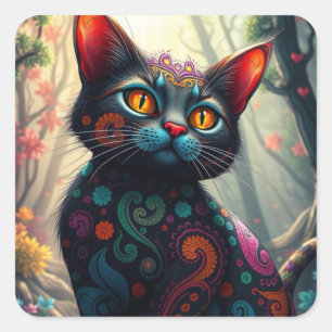Fantasy Colorful Cat Stickers Fyrkantigt Klistermärke
