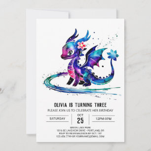 Fantasy Colorful Dragon Digital Girl Birthday Inbjudningar