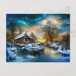 Fantasy Cottage im Winter. Nordlichter im Fluss Vykort