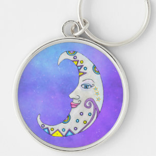 Fantasy Crescent Måne Colorful Markings Stars Himl Rund Silverfärgad Nyckelring
