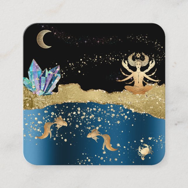 *~* Fantasy Crystal Goddes Celestial Cancer Guld Fyrkantigt Visitkort (Framsida)