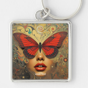 Fantasy Cute Abstrakt Butterflies Ögon Fyrkantig Silverfärgad Nyckelring